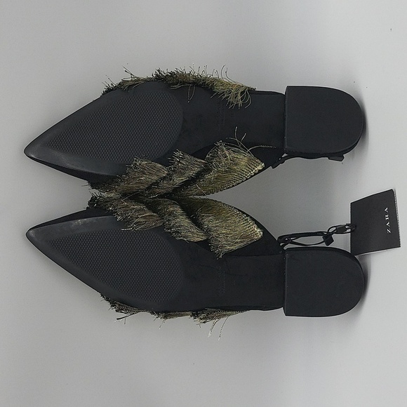 382- Zara Basic Collection Black Fringe Flat Mules Size 7.5 NWT - Picture 8 of 9
